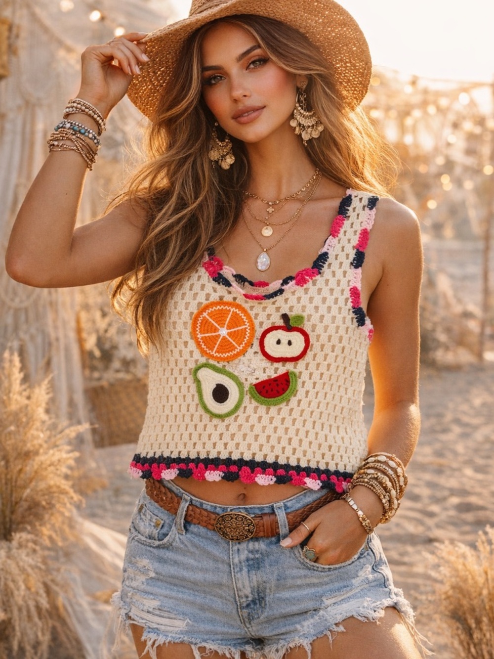 Rebellion Crochet Fruit Tank Top 🍊🍉 Boho Knit Crop Sweater Vest Small - Picture 7 of 8